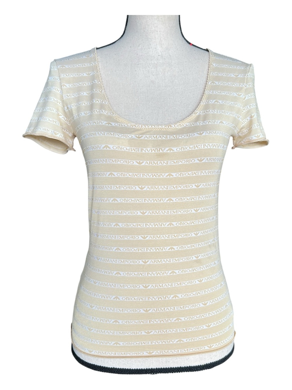 Emporio Armani Cream Striped Logo Scoop Neck Tee Size S